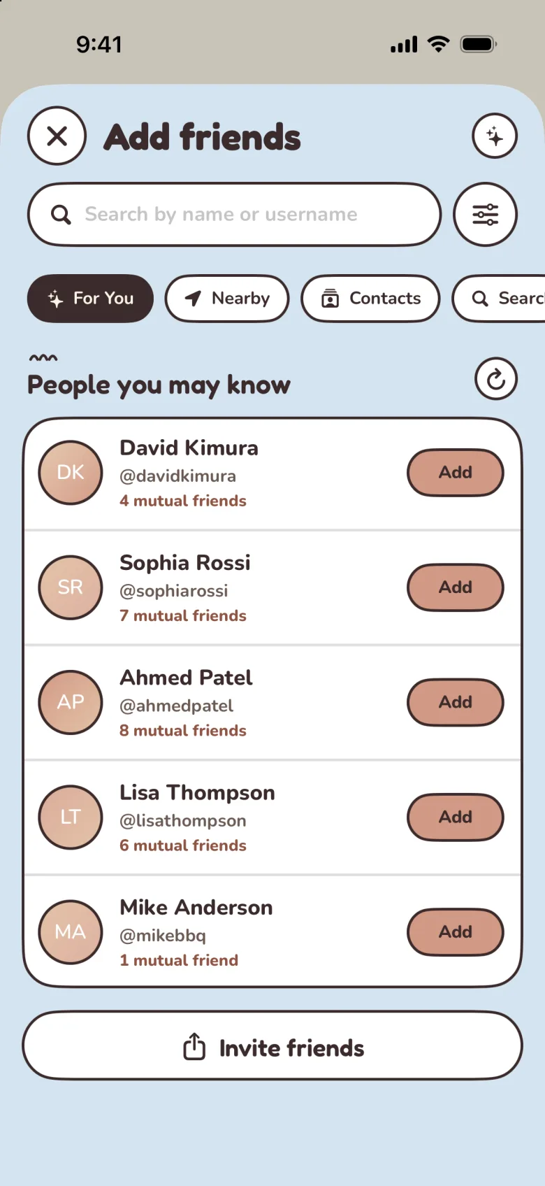 People you may know, with mutual friends and one-tap add