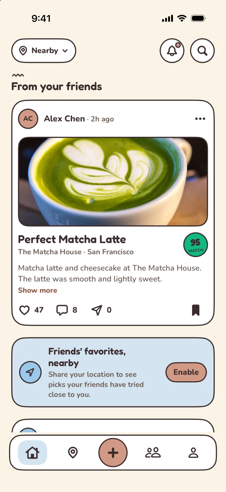 A friend’s post in the feed: a flat white card with a 2pt outline, a photo and a 95 match badge