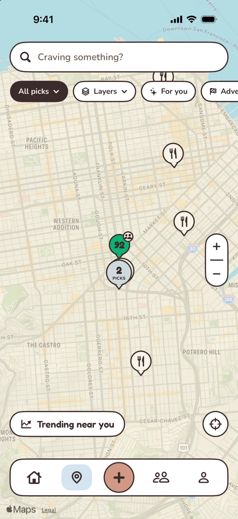 The Palytt food map with Bao pins, a search bar and filter chips