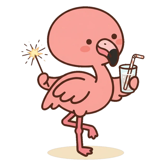 Sorbet the flamingo, the EGFC character (The Scene Seeker), with a sparkler and a fizzy soda