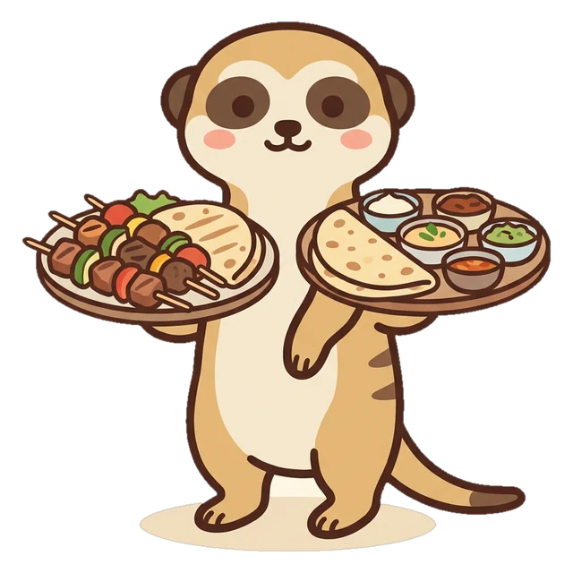 Paprika the meerkat, the EGFD character (The Sharing Scout), with two sharing platters of skewers, flatbread and dips