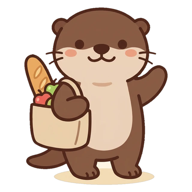 Miso the otter, the EGPD character (The Neighborhood Connector), with a tote bag of bread and fruit