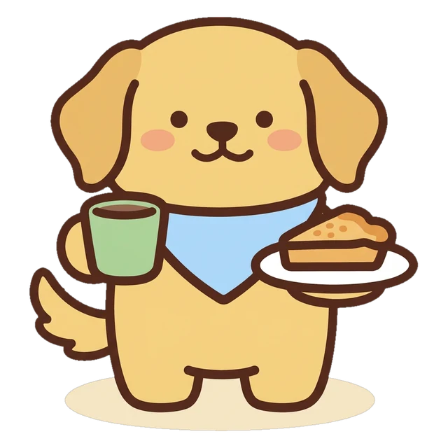 Biscuit the dog, the RGPD character (The Table Regular), with a coffee mug and a slice of pie