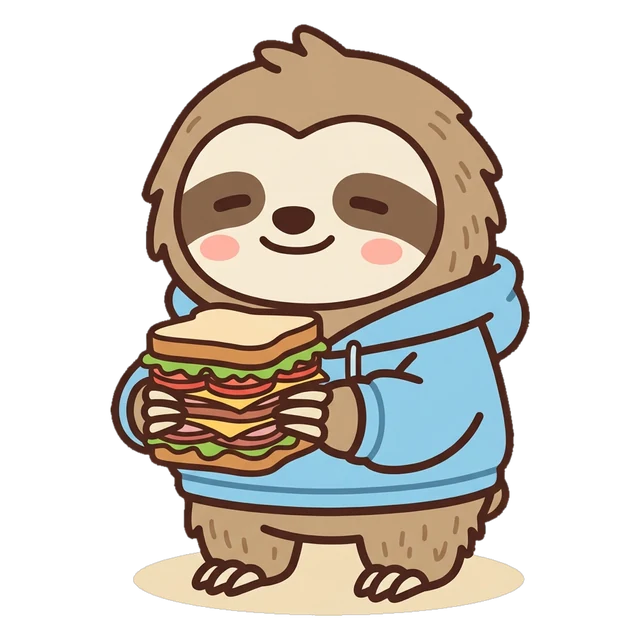 Toast the sloth, the RSFD character (The Easy Regular), with a thick sandwich