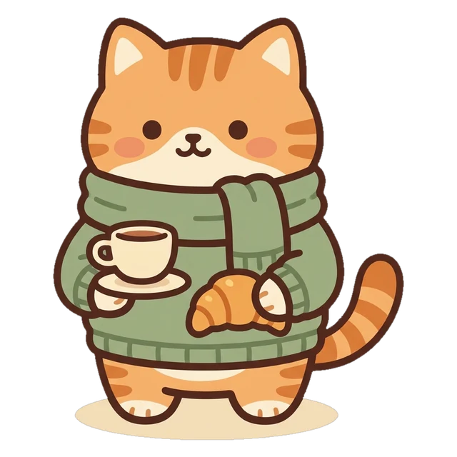 Earl the cat, the RSPC character (The Cozy Connoisseur), with a teacup and a croissant