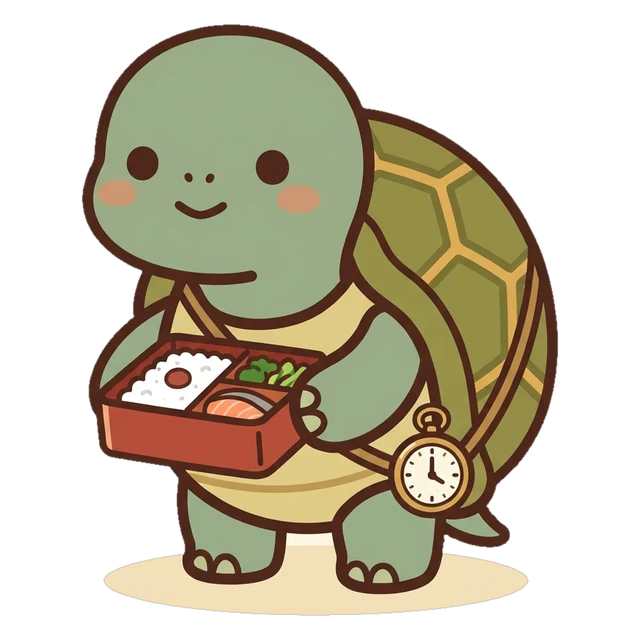 Bento the tortoise, the RSPD character (The Ritualist), with a neat bento box and a pocket watch